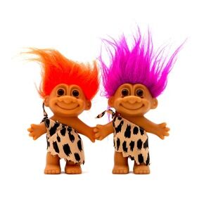 Vtg Russ Berrie Caveman Troll Dolls Pair 1990s Neon Hair Purple Orange 5" 90s